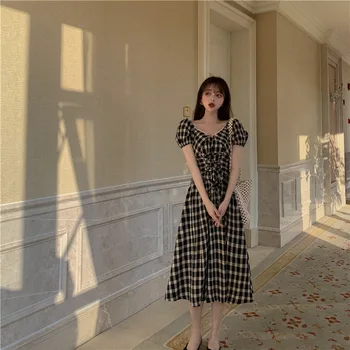 

2020 Summer New Arrival Teenage Dress Slim Vintage Plaid Princess Dress Waist Drawstring V - Neck Dress Female Free Shipping