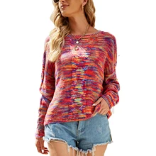 

Women Variegated Color Sweater Autumn Polyester Round Collar Long Sleeve Loose Style Knitwear S/ M/ L/ XL