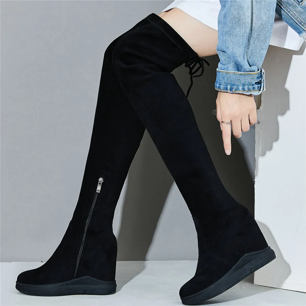 

Fashion Sneakers Women Stretchy Velvet High Heel Over The Knee High Boots Female Thigh High Wedges Platform Pumps Casual Shoes