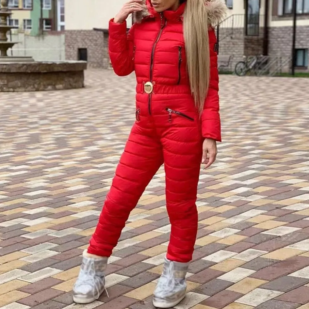 

Winter Hooded Straight Jumpsuits Women Elegant Cotton Padded Warm Sashes Ski Suit Zipper Tracksuits Jumpsuits Kurtka Zimowa 2020
