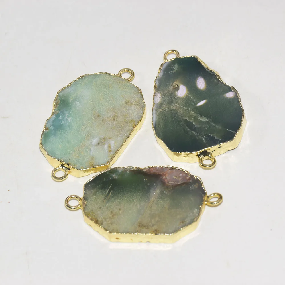

Natural Green Raw Chrysoprase stone connector jewelry making women 2020 Big LargeGold Plating Bezel Slice Green rough gem stones