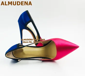 

ALMUDENA Satin Cloth Patchwork High Heel Shoes Fuchsia Blue Silk Fabric Cut-out Wedding Shoes 12cm Heel Pointed Toe Party Shoes
