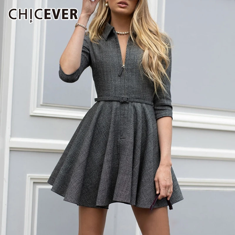 CHICEVER корейское платье для женщин воротник с лацканами на молнии завышенной