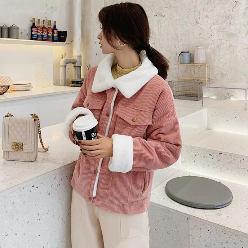 Зимнее Свободное пальто Harajuku BF из кроличьего флиса, Вельветовая куртка для женщин, плюс размер, плотное пальто из овечьей шерсти, пальто