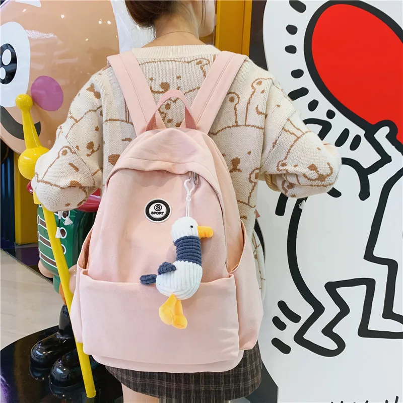 

School Bag Women's Korean-style High School Students Solid Color Backpack Simple Campus INS Style Fashion Fashion Canvas Backpac