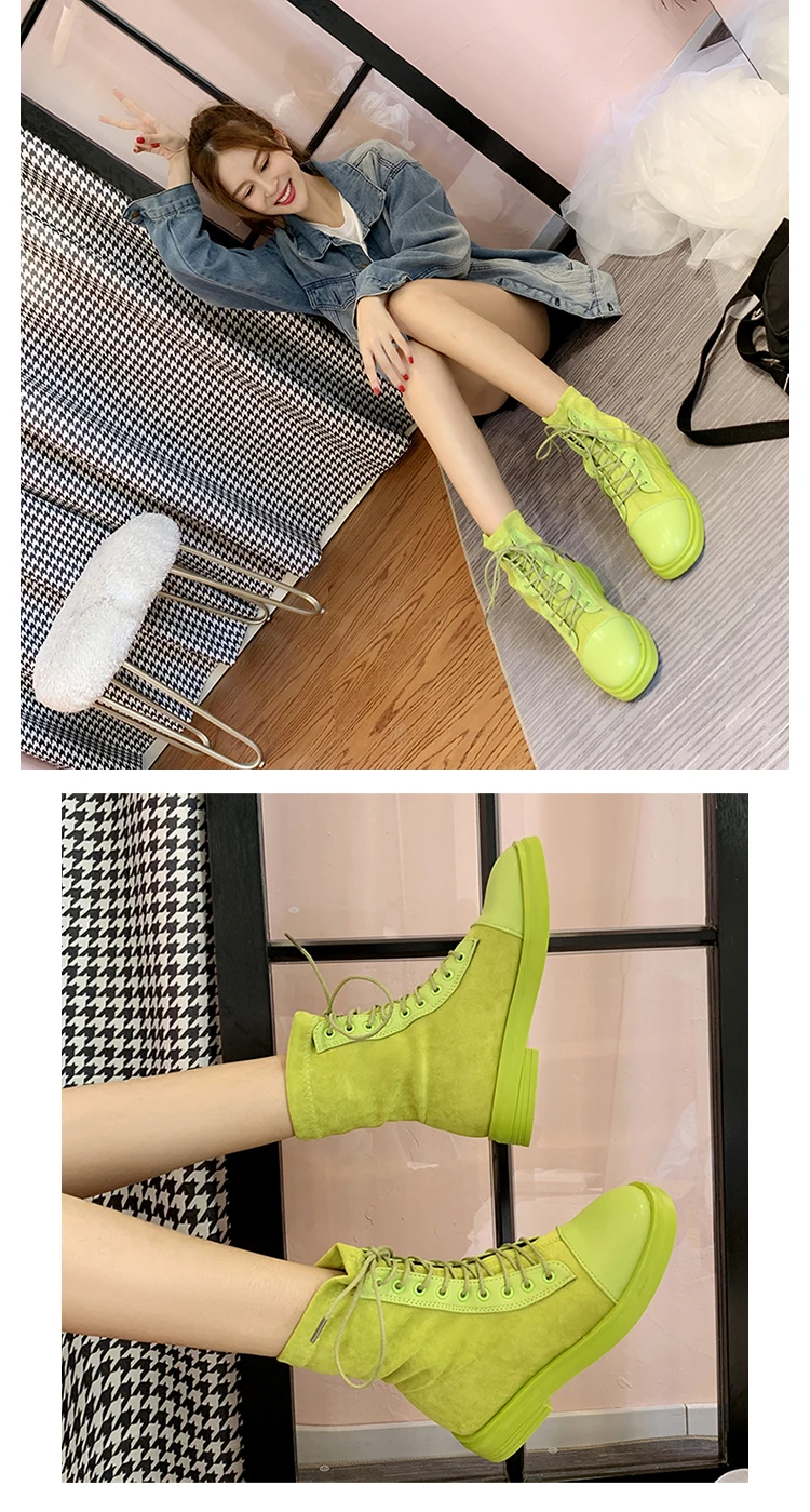Модные разноцветные ботинки зеленого и желтого цвета; Новинка года; осенние ботинки; ботильоны; ковбойские ботинки на платформе; женские Ботинки коричневого и черного цвета