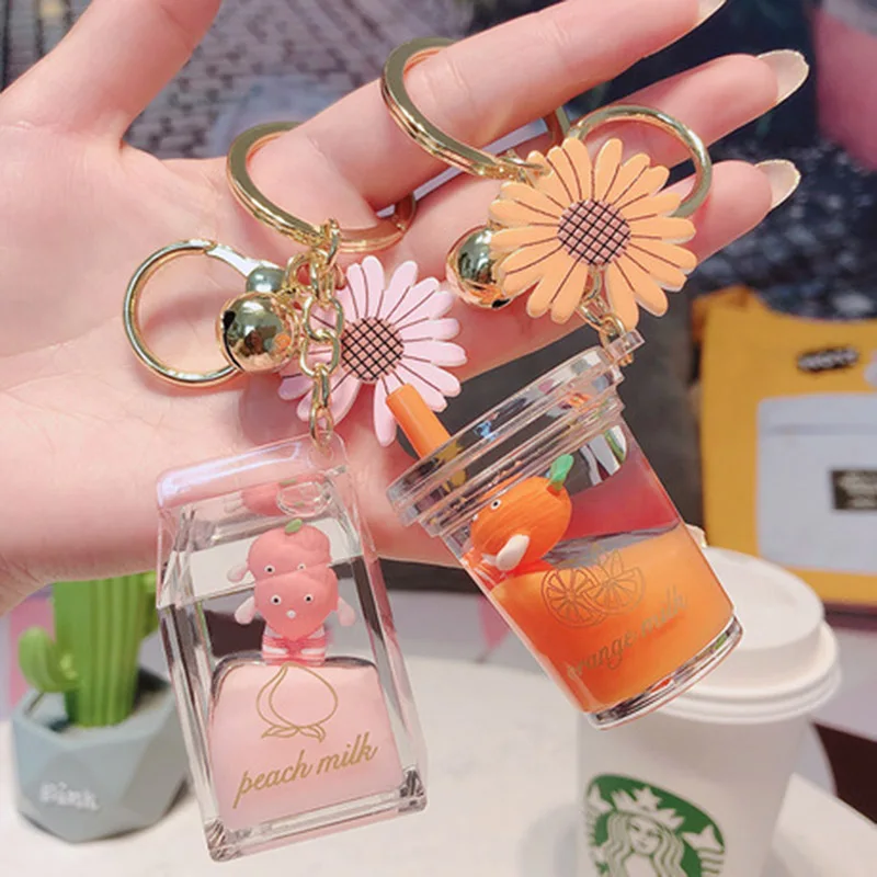 

2020 Creative Cute Daisy Fruit Milk Bottle Keychain Floating Moving Liquid Quicksand Drift Bottle Keyring For Women Bag Pendant