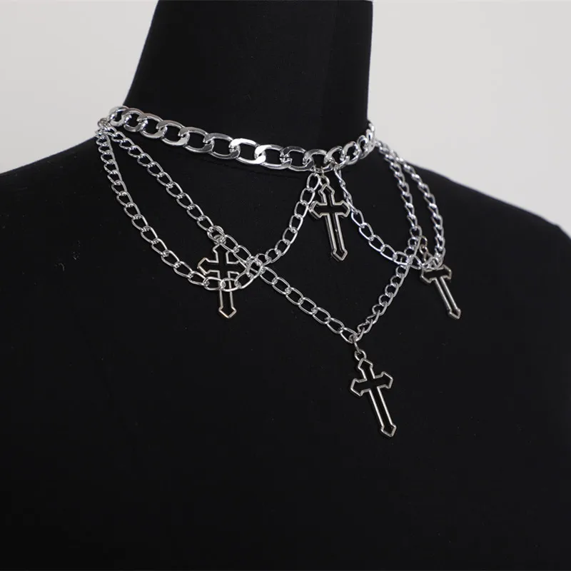 Punk Geometric Silver Color Chain Hollow Cross Pendant Necklaces For Women Trendy Statement Metal Chain Hip hop Jewelry Necklace