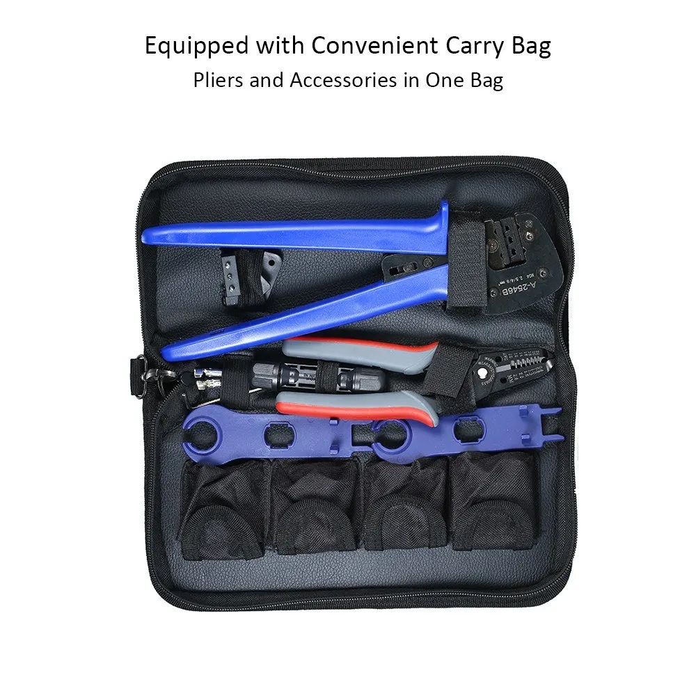 

MC4-A2546B-4 набор обжимных инструментов, Обжимные Щипцы + резак + плоскогубцы для зачистки клемм, набор инструментов электрика