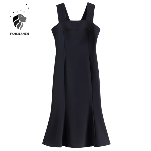 FANSILANEN Office Lady Elegant Slim Long Black Dress Women Sleeveless White Skirts 2021 Summer New Pleated Sexy Dress 6