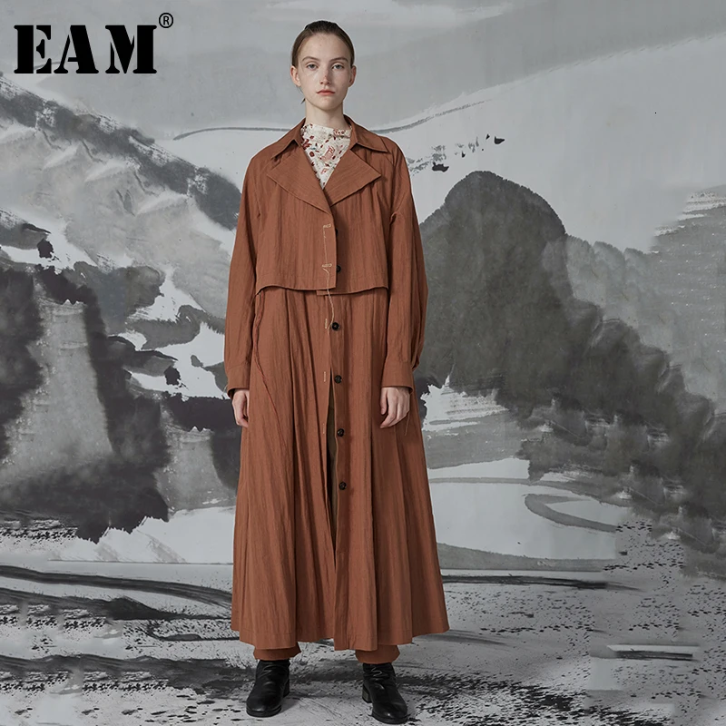 

[EAM] Loose Fit Split Joint Pleated Long Big Size Jacket New Lapel Long Sleeve Women Coat Fashion Tide Autumn Winter 2019 1D419