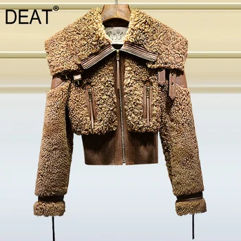 

DEAT turn-down collar full sleeves fur patchwork PU leather high waist short 2020 winter coat female jacket high quality WO26104