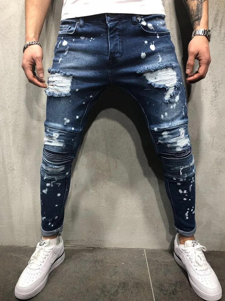Los hombres apretado moda las calles vaqueros ocio Slim Fit rampa gradual elástico de pintura de aceite hombres Hip Hop/RAP Hip Hop internacional arrugas Vaqueros