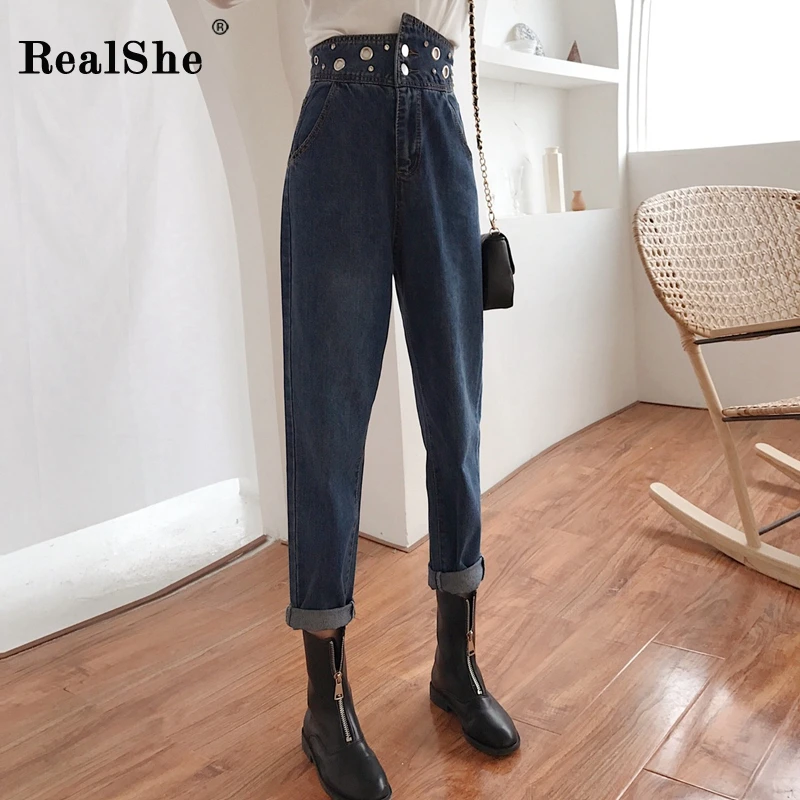 RealShe женские джинсы,, высокая талия, с блестками, одноцветные, женские джинсы, брюки, весна-осень, повседневные, шаровары, Deans Femme Taille Haute