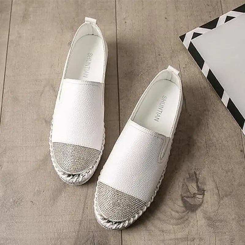 Дуэйн новая весенняя женская обувь на плоской подошве для учащихся тонкие туфли модные стразы белые туфли на плоской подошве, на платформе; лоферы; обувь для беременных;