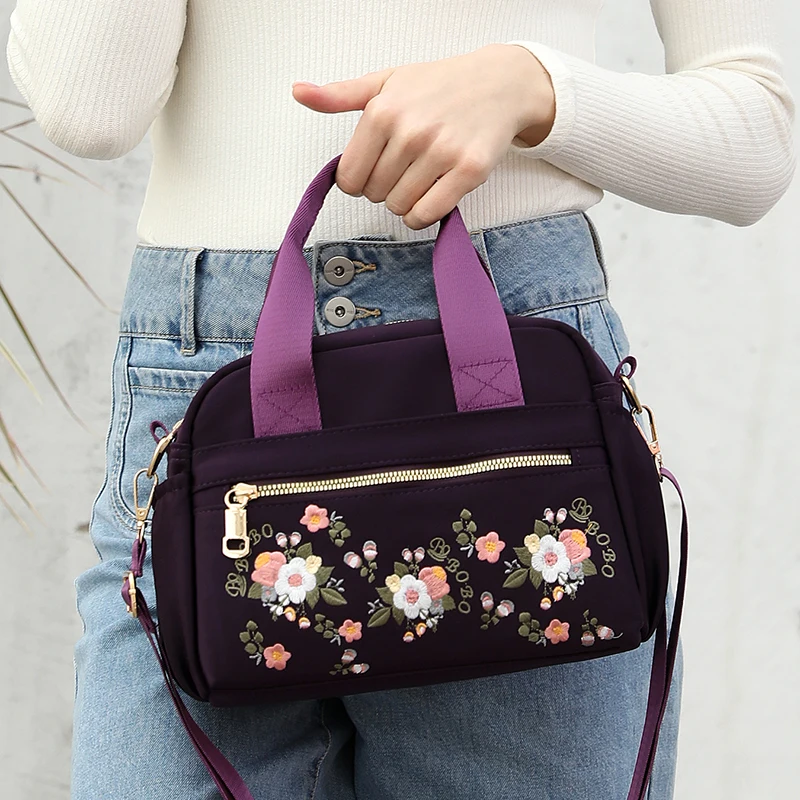 Women Shoulder Bags Embroider Flower Nylon Female Messenger Bag for