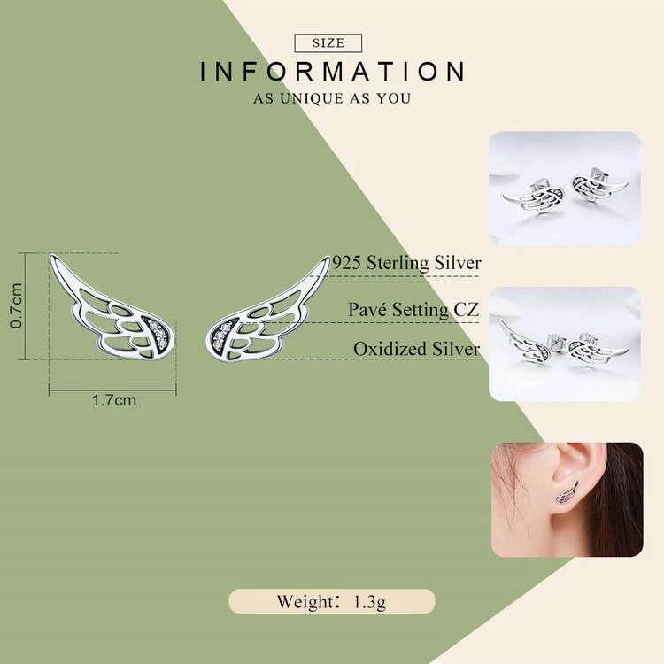 WOSTU Real 925 Sterling Silver Fairy Wings Feathers Stud Earrings Rose Gold Small Earring For Women S925 Silver Jewelry FIE343