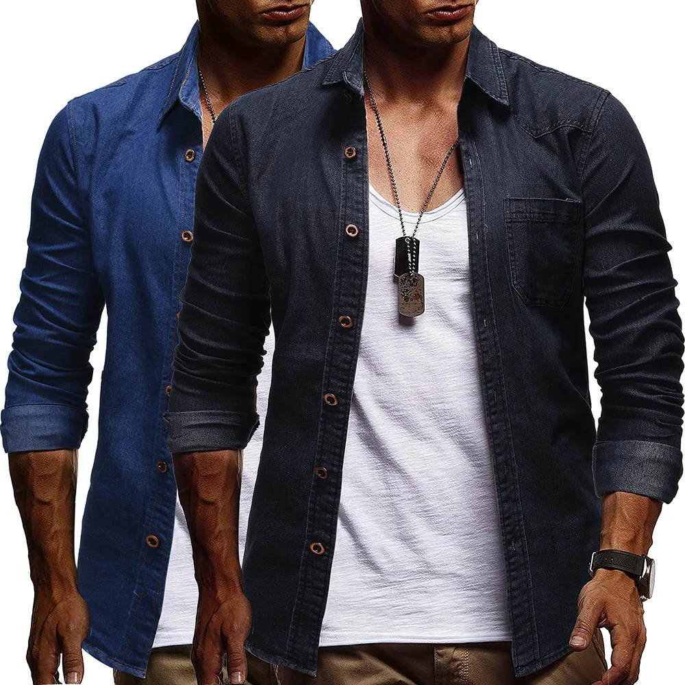 

2019 Autumn And Winter New Style Europe And America Men's Simple Basic Solid Color Casual Fashion Long Sleeve Denim Top Shirt Me
