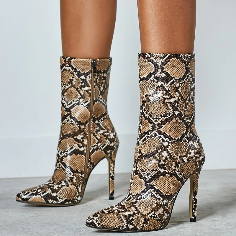 

Women Ankle Boots 11.5cm Thin High Heels Plus Size 42 Serpentine Stripper Boots Stiletto Heels Snake Print Winter 2019 Shoes