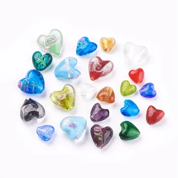 

100pcs Mix Color Heart Handmade Foil Glass Beads for jewelry making, Mixed Style,12~20x12~21x8~13.5mm,Hole: 1.5~2mm F50