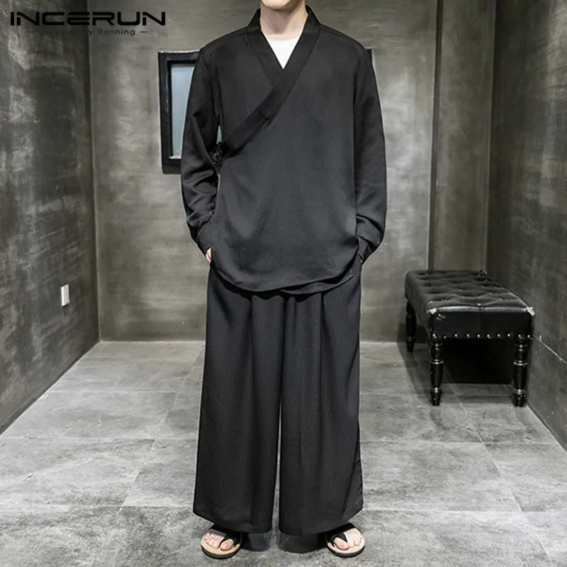Mens Suits Men-Sets Chinese-Style Shirt Leg-Pants INCERUN Solid-Streetwear Casual Wide