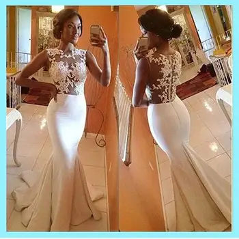 

Sexy Mermaid Prom Dresses Sleeveless Lace Appliques Cheap O-Neck Floor-Length Party Evening Gowns Vestido Fiesta