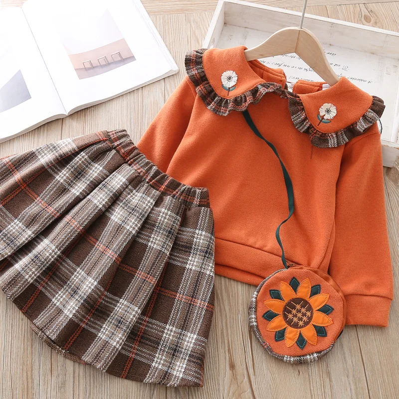 Baby Girls Clothing Set Skirt Suit Tutu Short Skirt+ Long Sleeve shirt Bag 3 pieces Children outfits Kids Girl wear 4 5 years