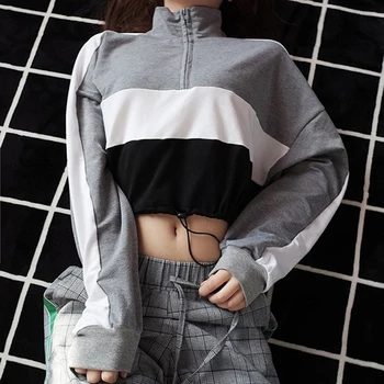 

Women Fashion Patchwork Striped Short Sweatshirt Female Casual Loose Zipper Sweatshirts Ladies Short Crop Top Feminino Vestido