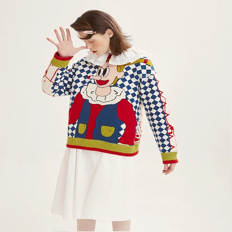 Winter Original Design Plaid Cartoon Puppet Girl Jacquard Harajuku Women Cotton Pullover Sweater Loose Thick Knitted Tops | Женская