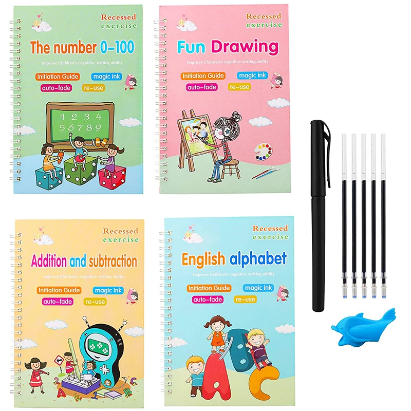 4 Books Children's Writing Exercise Book With Erase-Free Automatic  Vanishing Pen 3-6-Year-Old English Groove Calligraphy Gift - AliExpress