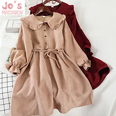 Women-Kawaii-Solid-Peter-Pan-Collar-A-Line-Dress-Casual-Korean-Long-Sleeve-High-Waist-Knee