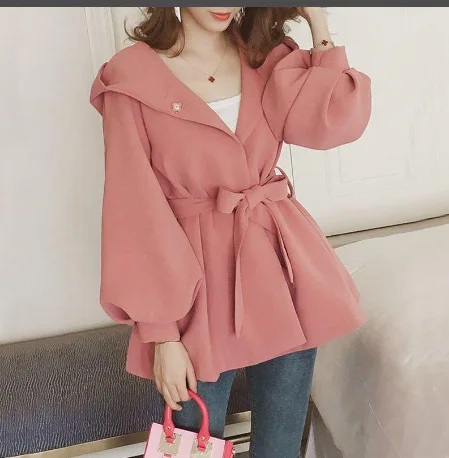 

Autumn New Style Korean-style Lantern Sleeve Hooded Short Coat WOMEN'S Dress Loose-Fit Bow Lace-up Waist Hugging Trench Coa