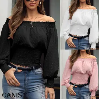 

Blogger 2020 Autumn Chiffon Slim Blouses Off Shoulder Puff Crop Tops Polka dot Bandeau Party Club Women Lantern Sleeve Plus Size
