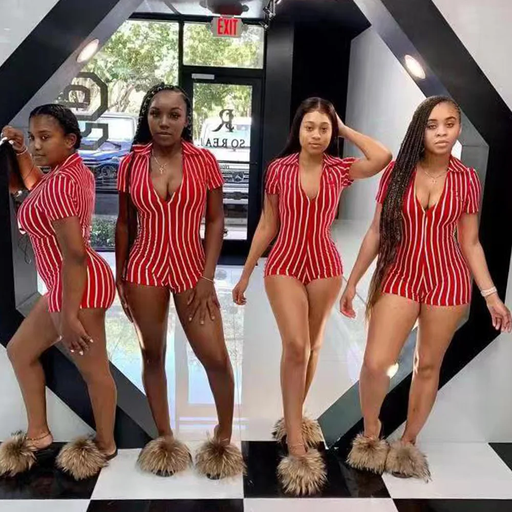 

Fashion Striped Patchwork Short Sleeve Turn-Down Collar Playsuits Summer Streetwear Women Skinny Short Jumpsuits PRFS6220
