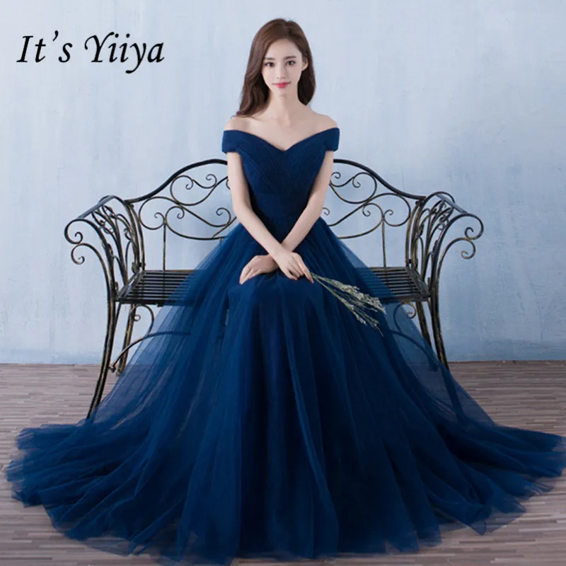 navy blue Элегантные платья невесты длинное свадебное вечернее платье мода плюс размер лодочка шеи с плеча Robe De Soiree DSYA003 - Цвет: navy blue