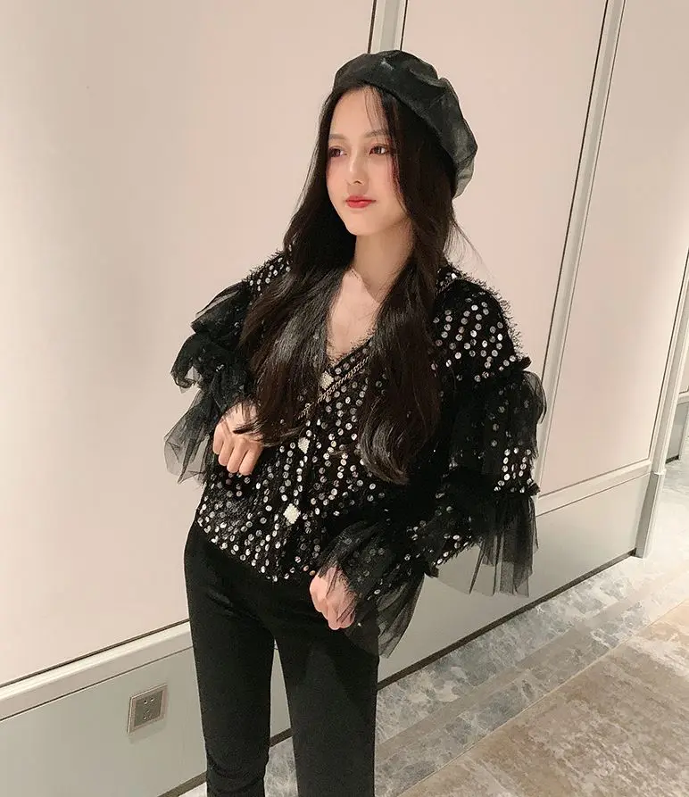 WHITNEY WANG Осенняя модная уличная сетчатая Лоскутная куртка с блестками и оборками Женская стильная куртка - Цвет: Черный