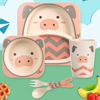 

5pcs Outdoor Kids Picnic Plate Bowl Cup Food Feeding Forks Dinnerware Cute Cartoon Baby Tableware Set Bamboo Fiber Portable Dish