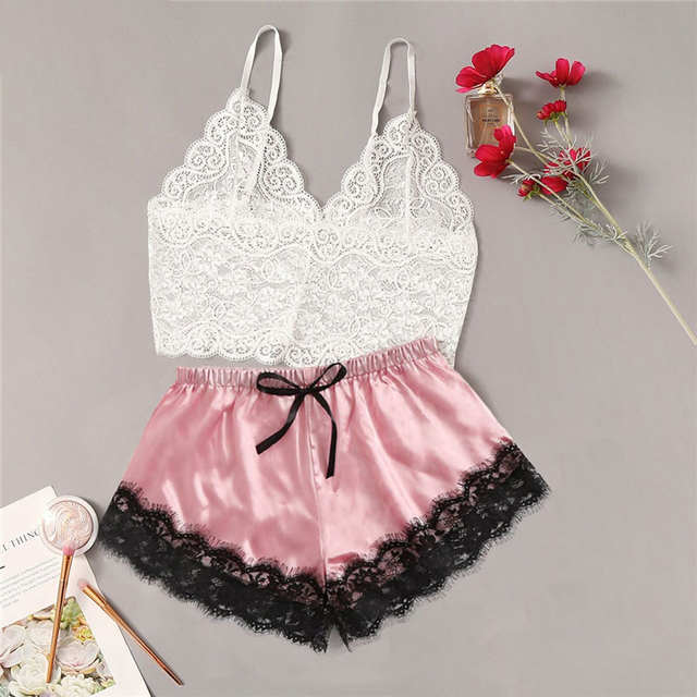 Lingerie Set Women Lace Trim Cami Tops Satin Bow Sleepwear Transparent Bra Set Sleeveless Deep V Hot Erotic Underwear Set