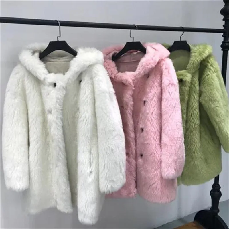 Пальто из натурального меха, Женская куртка на осень и зиму, Женское пальто из шерсти, повседневное меховое пальто с капюшоном, куртки из овечьей шерсти