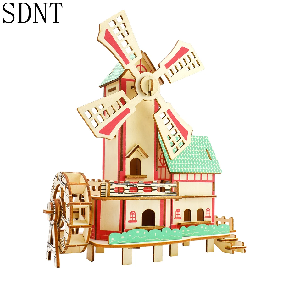 

Windmill Building 3D Kids Puzzles Wooden Toys DIY Graffiti Colorable Simulating Beautiful House Assembled Model Educational Toys