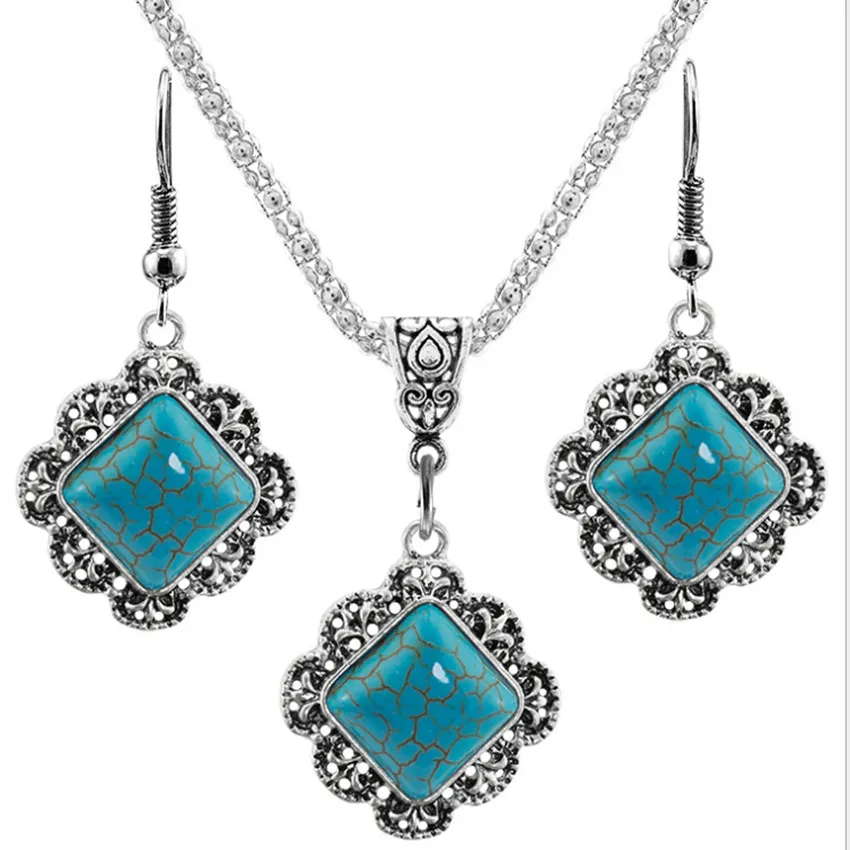 

FYSL 10 Sets Silver Plated Rhombus Shape Green Turquoises Stone Pendant Necklace Drop Earrings Charm Jewelry