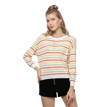 

Top Rainbow Stripe Round Collar Pullover Long Sleeve Wear Slim Knitted Sweater Female Stripped Fashion Loose Knitting