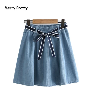 

Merry Pretty Cotton Women's Solid Lace Up Pleated Skirts 2019 Autumn Elasticity Waist Mini Skirts For Femme Girl Casual Skirt