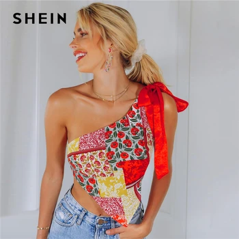 Женский Асимметричный топ SHEIN, разноцветный лоскутный топ на одно плечо с узелком и цветочным принтом, Летний милый жилет в стиле бохо