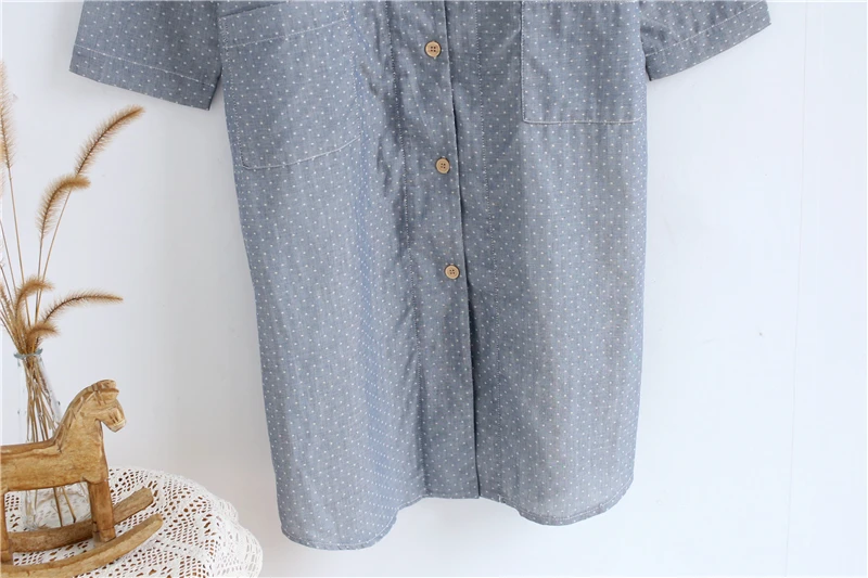 Spring Summer WOMEN'S Long Sleeve Home Skirt Long Skirts Cotton shuang ceng sha Dots Shirt Collar Nightgown Japanese-style Mori