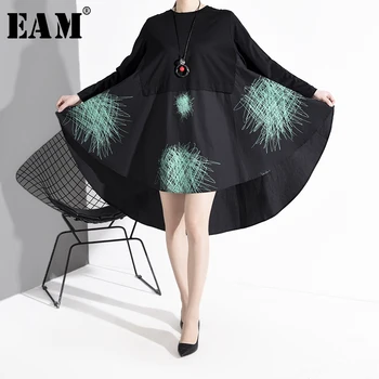 

[EAM] Women Back Long Pattern Printed Asymmetrical Dress New Round Neck Long Sleeve Loose Fit Fashion Spring Autumn 2020 1R1710