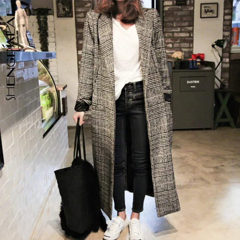 

SHENGPALAE 2019 New Fashion Autumn Winter Long Houndstooth Overcoat Women Lapel Korean Loose Casual Abrigos Mujer Invierno FT920