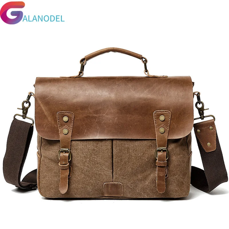 

GALANODEL Men's Messenger Bags Canvas Shoulder Bag Handbag Crazy Horse Leather Briefcase Retro Office Bag Handmade Bags Male