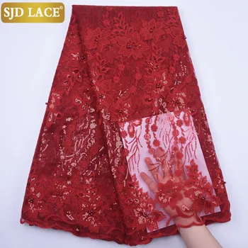 

SJD LACE Red African Lace Fabric With Sequins French Lace Fabric Realy Soft Milk Silk Lace For Nigerian Wedding Party Dress1862B