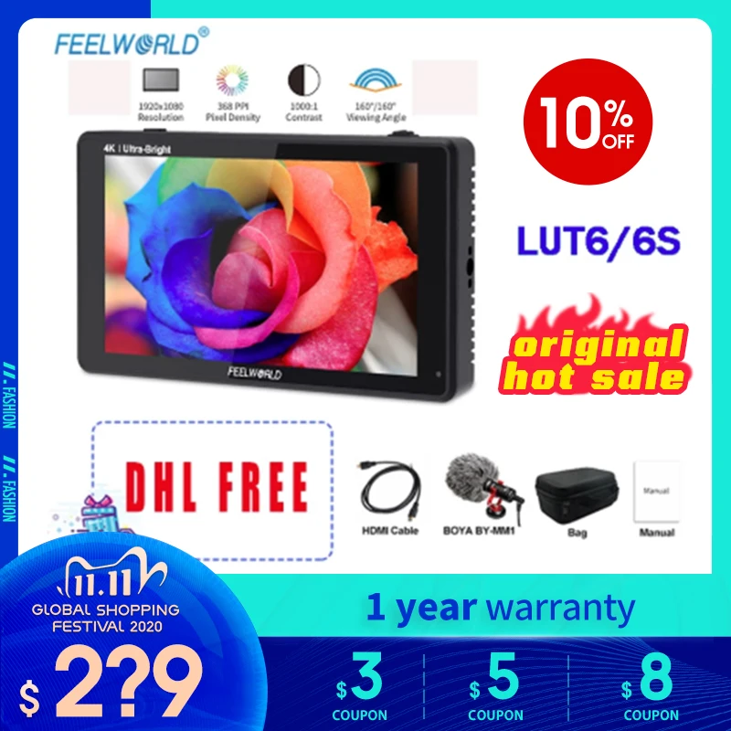 FEELWORLD LUT6 6s дюймовый 2600nits HDR 3D LUT сенсорный экран на камеру полевой DSLR монитор с